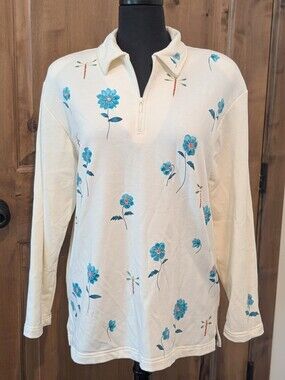 Ivory Color Zip-Neck Soft Sweatshirt Dragonfly Floral Beads Embellishments Sz M
